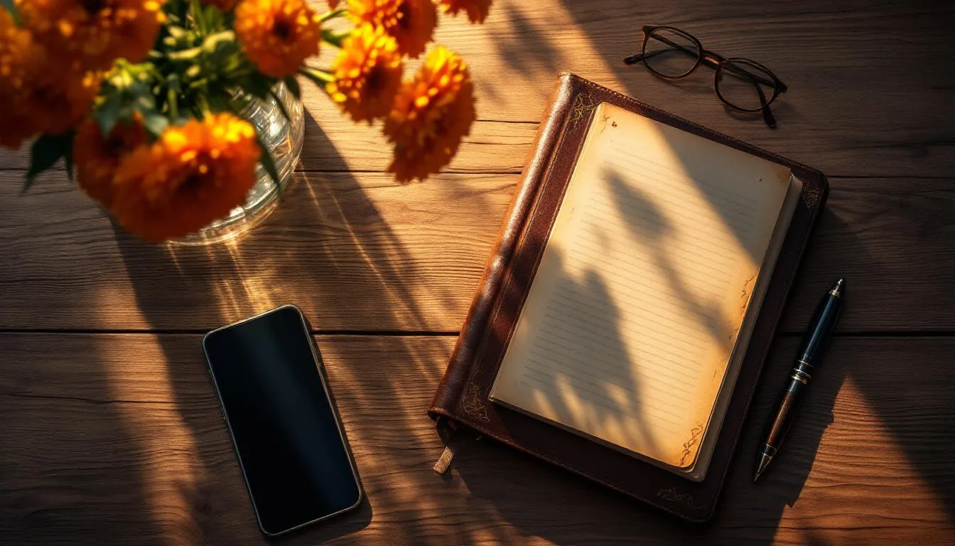 Vintage photo album and journal representing family memories